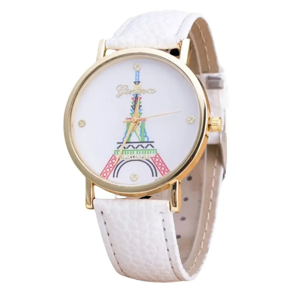 Paris Eiffel Tower White Vegan Leather Gold Tone Buckle Strap Analog Watch MINT